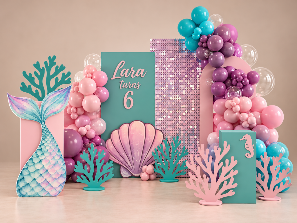 Premium Fotozone im Meerjungfrauen-Design mit Backdrops und Ballondekoration